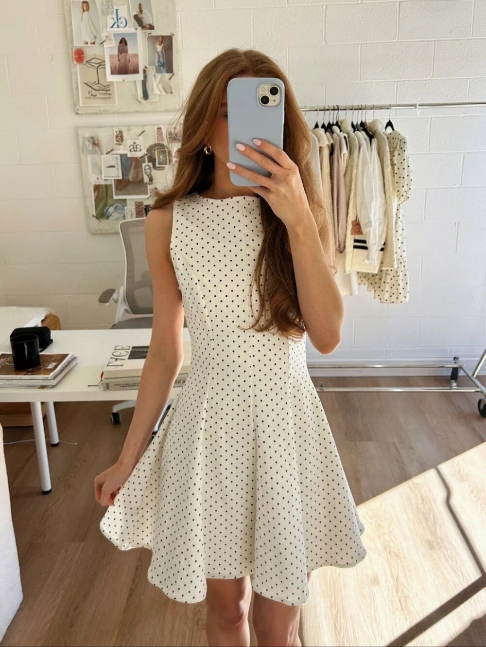 Vestique - Black And White Polka Dot Denim Mini Dress - Size Large